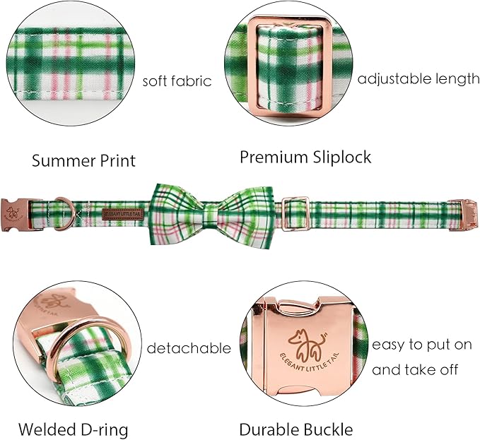 Elegant Little Tail Dog Collar with Pink & Green Plaid Bow - Cute Bowtie, Adjustable X-Small Puppy & Cat Collar