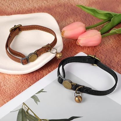 2 Pcs PU Leather Cat Collar Breakaway with Bell, Personalized Adjustable Cat Collars Retro Collars Pet Leather Collar with Quick Release Buckle for Cats Kittens