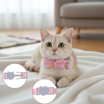 Larrel 2 Pcs Pink Cat Collar Bow, Adjustable Comfortable Pearl Cat Collar with Bow Cute Collars for Girl Cats Breakaway Kitten Accessories with Safety Buckle for Preventing Cats from Get Lost