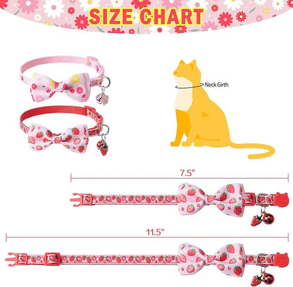 SCENEREAL Breakaway Cat Collar with Bell, 2 Pack Safety Adjustable Cat Collars with Pendant, Pink Personalised Puppy Kitten Collar with Bow for Spring Summer Valentines, Strawberry Flowers
