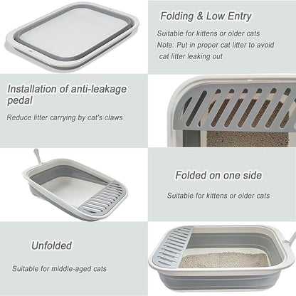 Collapsible Small Cat Litter Box,Kitten Open Potty Pan with Scoop Cat Toilet with Falling Sand Pedal Low Entrance Foldable Kittens Travel Litter Box Blue