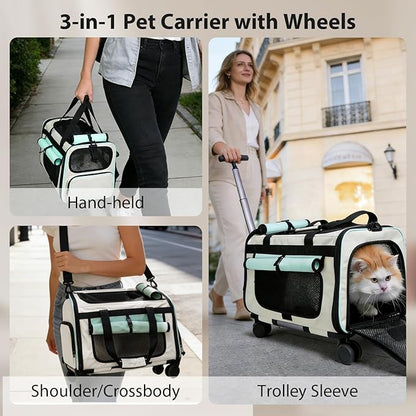 Expandable Pet Carrier with Wheels for Small Dogs and Cats,Airline Approved Rolling Cat Carrier with Removable Platform,18”X11”X14”,Foldable Soft-Sided Travel Bag Fits Under Seat,Up to 16 lbs(Yellow)