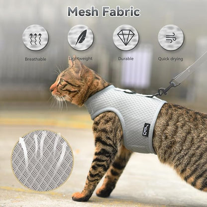 Cat Harness and Leash for Walking Escape Proof Breathable Mesh Fabric, Solid Grey, Extra Large, Adjustable Cat Walking Jackets, Padded Stylish Cat Vest