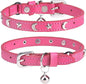 Leather Cat Collars for Boy Girl Cats with Bell and Safety Elastic Belt, Personalized Star and Moon Stud Adjustable Safe Buckle Collar for Kitty Small Big Cats Size 7-9 Inch, Rose