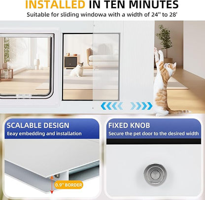 Full Size Cat Door Window Insert, fits 23'‘-28’' Various Sliding Windows, 4 Flexible Locking Modes, High-Definition, high-Transparency cat Door for Windows, Magnetic Reset Design