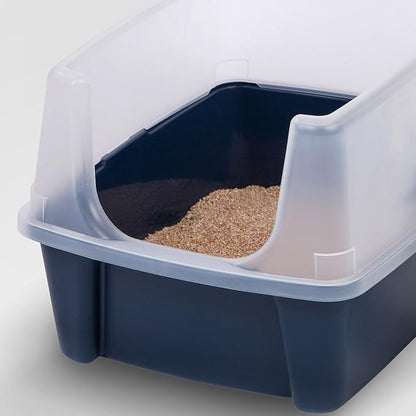 IRIS USA High Sided Cat Litter Box with Scatter Shield and Scoop, Open Top Cat Litter Pan, Navy