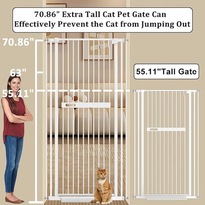 WAOWAO 71" Extra Tall Cat Pet Gate 29.92-45.66" Wide Pressure Mounted Walk Through Swing Auto Close Safety White Metal Dog Pet Puppy Cat for Indoor Stairs,Doorways