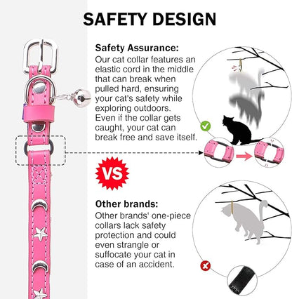 Leather Cat Collars for Boy Girl Cats with Bell and Safety Elastic Belt, Personalized Star and Moon Stud Adjustable Safe Buckle Collar for Kitty Small Big Cats Size 7-9 Inch, Rose