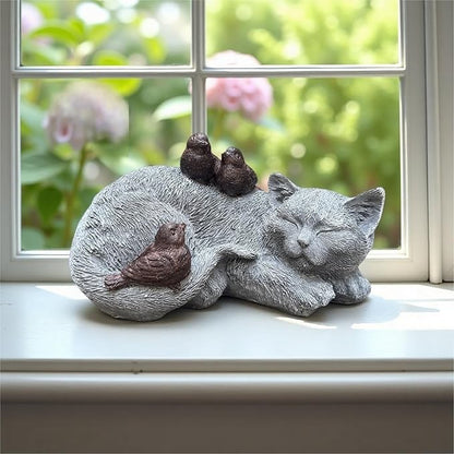 Cat Statue Outdoor Garden Decor - 11.4" Sparrows on Cat Figurine Memorial Grave Markers Garden Resin Sculpture for Outdoor Decoration, Pet Statues Gifts for Loss of Tabby Sympathy 11.4" x 7.1" x 4.6"