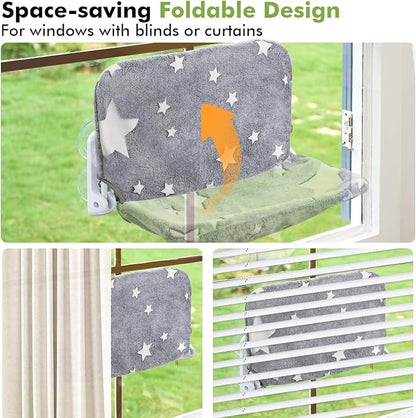 2PC Cat Window Perch, Glow in The Dark Cordless Foldable Pet Hammock Bed for Window with Sturdy Metal Frame, Glowing Stars Pattern Resting Seat for Indoor Cats (2PC Stars - L)
