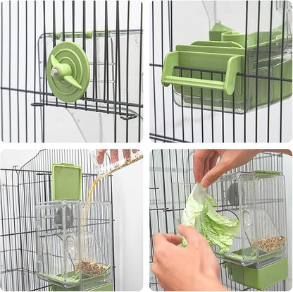 Automatic Bird Feeder, Bird Cage Feeder with Perch Multi-Functional Holder for Fruits Vegetables for Parakeet Canary Cockatiel Finch (Green)