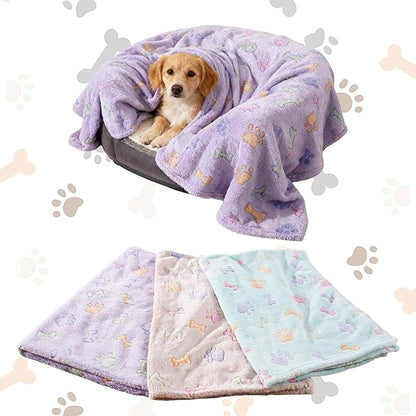 Rezutan Dog Blankets for 3 Pack Medium Blanket Cat Soft Fuzzy Blankets Washable,Soft Comfort Flannel,Pet Blanket,Reversible Dog Paw Print,30 x 20 inch,Purple/Green/Brown