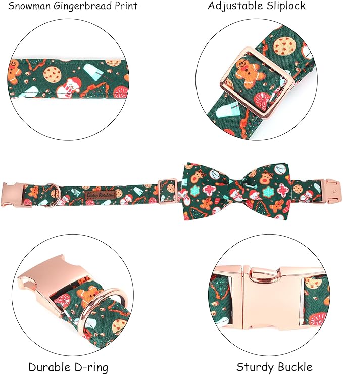 Christmas Dog Collar, Cute Winter Holiday Collars with Detachable Bowtie with Green Christmas Tree and Snowman Print Metal Buckle Collar Adjustable Sturdy Collars for Small Girl Boy Dogs
