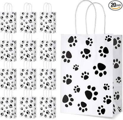 Blulu 20 Pcs Puppy Dog Paw Gift Bags with Paper Twist Handles, Dog Gift Paper Paw Treat Goodie Bags for PET Treat Party Favor, 6.3 x 3.1 x 8.6 Inch(White Backing)