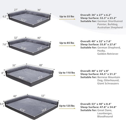 KSIIA Orthopedic Dog Bed Waterproof Flannel Bolster Couch with Egg Crate Foam for Large Dogs with Removable Washable Cover & Nonskid Bottom, 48 x 35 Inch, Gray