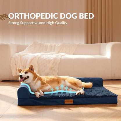 Patas Lague Orthopedic Jumbo Dog Bed for Extra Large Dogs 56''X40'', Waterproof L Bolster Pet Sofa Beds with Removable Washable Cover, Soft Comfortable Pet Couch Crate Mat with Nonskid Bottom, Navy