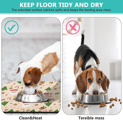 Christmas Dog Food & Water Mat, Paw Prints Santa Claus Snowman Xmas Pet Feeding Mat for Floor Non-Slip Waterproof, Super Absorbent Cat Bowl Mat, Easy to Clean Pet Placemat,16" × 24"