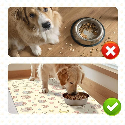 Cute Cat Pet Feeding Mat Adorable Kitten Food Placemat with Gift Bow and Star Print for Dogs and Cats Sweet Non Slip Mat for Dog Cat Food and Water Bowls Home Kitchen Decoration 20" x 12"