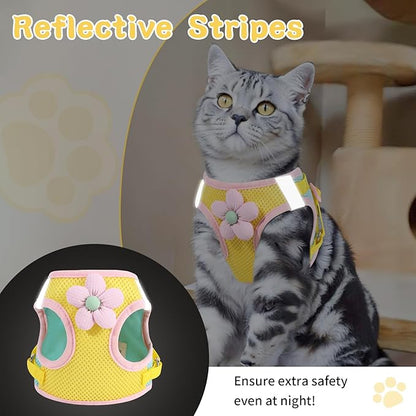 Cat Harness and Leash Set for Walking Escape Proof, Adjustable Kitten Harness Breathable Mesh with Reflective Strips Harness with Flower for Kitty Puppy Bunny Yellow XS