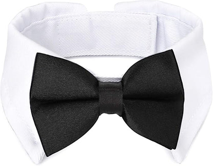 Segarty Black Bow Tie Dog Collar for Neck Girths 10.2-12.6 in, Tux Bowtie with Handcrafted Adjustable White Collar Formal Pet Cats Puppies Necktie for Wedding Birthday Party