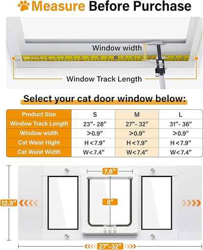 Cat Door for Window Weatherproof: Aluminum Frame Flap Pet Door Quick Fit Window Insert - Easy Adjustable to Fit Windows Width 27"-32" - 4 Secure Lock Modes with Magnetic Closure for Dog Cats