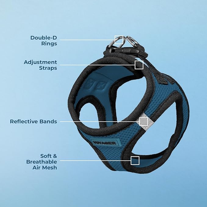 Best Pet Supplies - All Weather Mesh / Plush, Reflective, No Pull Harness for Small, Medium Dogs, Cats - Secure with Hook & Loop Fastener, Buckle, Double D-Rings - Blue/Black Trim, L