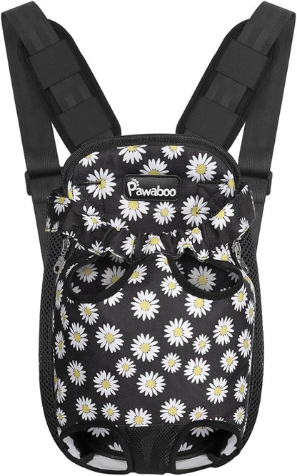 Pawaboo Pet Carrier Backpack, Adjustable Pet Front Cat Dog Carrier Backpack Travel Bag, Legs Out, Easy-Fit for Traveling Hiking Camping for Small Medium Dogs, Large Size, Black Daisy