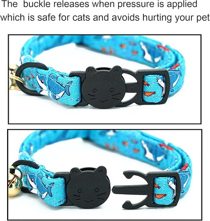 Cat Collar-2 Pack Cat Collars Shark & Dinosaur Cat Collar Breakaway with Kitten and Bell Pendant Safety Buckle Adjustable Cute Pet Collar for Boy Cats Gift for Cats and Small Pets