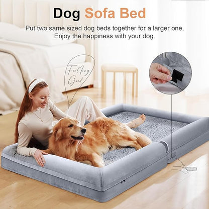 Large Dog Bed Orthopedic Washable: Jumbo Dog Bed Bolster Extra Large Dogs Egg Crate Foam Sofa Couch Waterproof Removable Cover - Grey