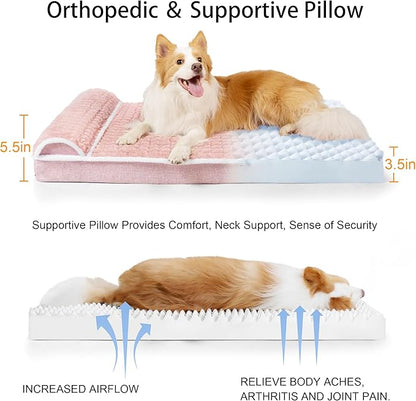 Orthopedic Jumbo Dog Bed Large Sized Dog with Pillow 56''X40'' Waterproof Soft Comfortable Egg Crate Foam Pet Crate Beds Mat with Removable Washable Cover and Non-Slip Bottom, Pink