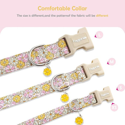 Faygarsle Floral Girl Dog Collar, Cotton Fabric with Daisies Pattern, Pink and Yellow Summer Spring Design for Small Medium Large Dogs XS