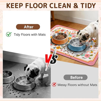 Dog Food Mat for Bowls, Absorbent Quick Dry Dog Cat Mats for Food and Water, Non-Slip Backing Pet Mat Pet Supplies - Pink Floral Pattern
