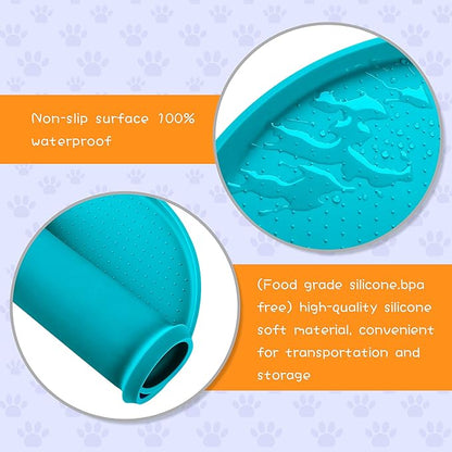 100% Waterproof 0.5" Raised Edge BPA Free Silicone Dog Food Mat, Pet Cat Feeding Mats Contain Spills Protects Floors, Placemats for Cats and Dogs Water Bowl Dishwasher. (Small, Teal)