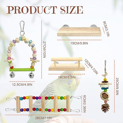 5-in-1 Parakeet Toys Set: Detachable Bird Playground with Wooden Perch, Swing, Ladder, & Platform Cage Accessories for Cockatiel, Conure, Lovebird, Budgie, Finch