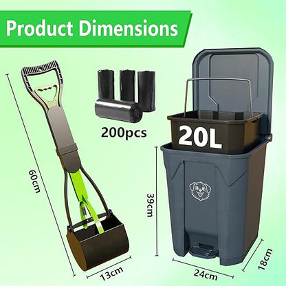Dog Poop Outdoor Trash Can with Lid 20L/5Gal - Pedal & Removable Inner Bin, 200 Waste Bags + 1 Green Long Handle Pooper Scooper
