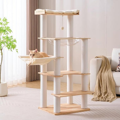 SHENGOCASE Modern Natural Wooden Wood Cat Tree Tower Condo, Extra Large Top Platform Perch, 57" Tall, Big Clear Capsule Bowl Bed, for Maine Coon Indoor Cats