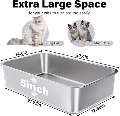 Stainless Steel Litter Box,XL Metal Litter Box for Cat, Large Metal Litterbox for Kitty, Easy Clean, Non Stick No Smell