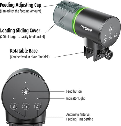 FREESEA Automatic Fish Feeder for Aquarium: Auto Fish Food Dispenser with Timer for Small Tank Betta Turtle - Battery Vacation Self Feeding for Flakes