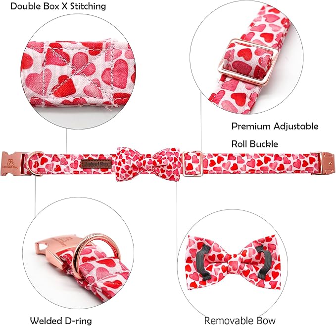Lionheart glory Dog Bow Collar Valentine's Day Dog Collars Adjustable Soft Red Hearts Dogs Collar with Bowtie for X-Small Dogs Puppy Female Male Spring Holiday Pet Collars Bows