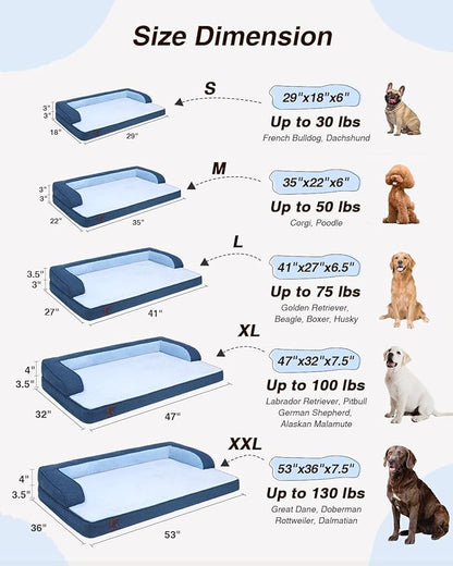 KSIIA Washable Dog Bed XL Senior Dog, Orthopedic Warm Soft Pet Sofa Waterproof Pet Couch with Sides, Non-Slip and Egg-Crate Foam Extra Large Beds with Removable Cover, 41x27Inch, Blue