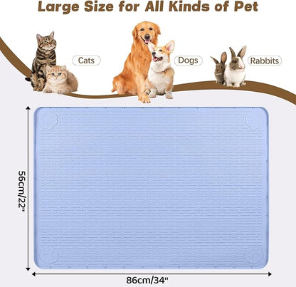 Cat Food Mat, 34" x 22" Large Silicone Pet Feeding Mat for Food and Water Bowls Non-Slip, Easy to Clean (Blue)