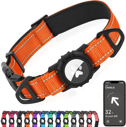 Joytale Airtag Dog Collar, Reflective Pet Collar with Waterproof AirTag Holder, Dual D-Rings, Soft Padded Adjustable for Extra Large Dogs, Orange, XL