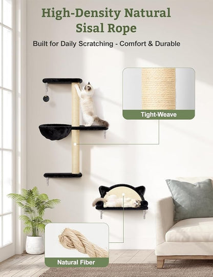 5-in-1 Cat Wall Shelves, Solid Wood & Velvet & Sisal Scratcher, 44lbs Max Load, Wall Mounted Cat Furniture for Climbers, Cat Climbing Wall System, Fits Drywall & Solid Walls - Black