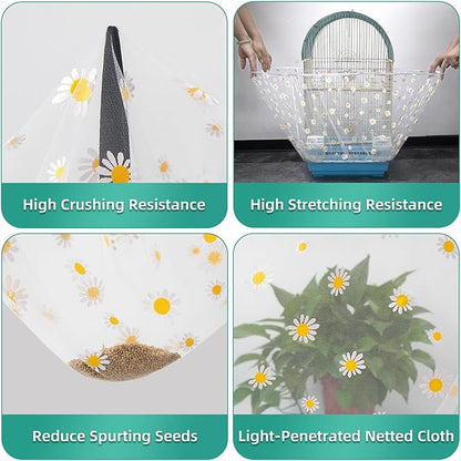 Large Bird Cage Cover, Bird Cage Seed Catcher, Adjustable Soft Airy Nylon Mesh Net, Birdcage Cover Skirt Seed Guard for Parrot Parakeet Macaw African (Daisy-White, 15.7" x118")