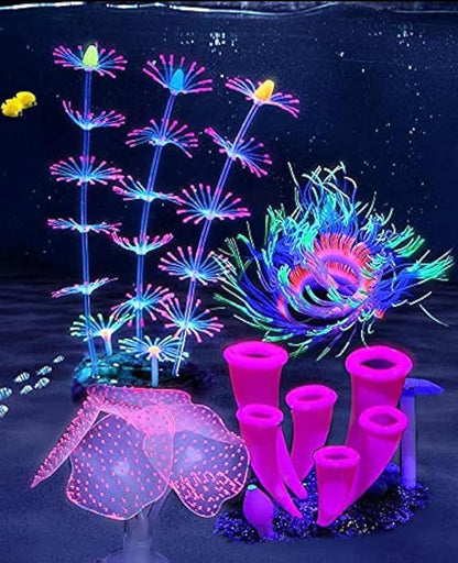 4 Pieces Aquarium Fish Tank Decorations with Glowing Effect, Silicone Glow Artificial Ornament Coral Reef Plants for Aquarium Decoration Small and Large Fish Bowl Decor Accessories