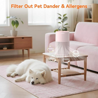 AIRROMI Pets Air Purifier for Home Allergies,Up to 660 ft². HEPA Deodorizing Activated Carbon Filter,With Fragrance Sponge for Better Sleep,Night Light,Pet Dander,Smoke,Odors,Air Cleaner A2002 Pink