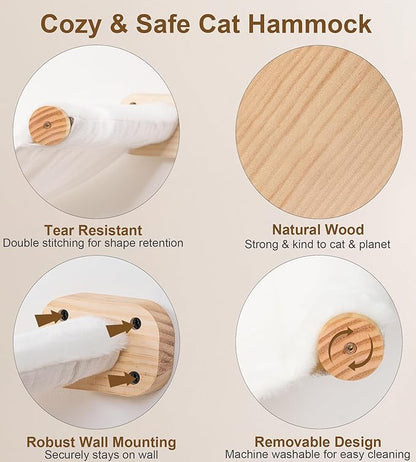 Cat Wall Shelves Set of 4, with 1 Floating Fabric Hammock, 2 Ladders with 4 Steps Each & 1 Flat Shelf – Wall Mounted Bed Furniture & Climber for Large Cats, Indoor Playground