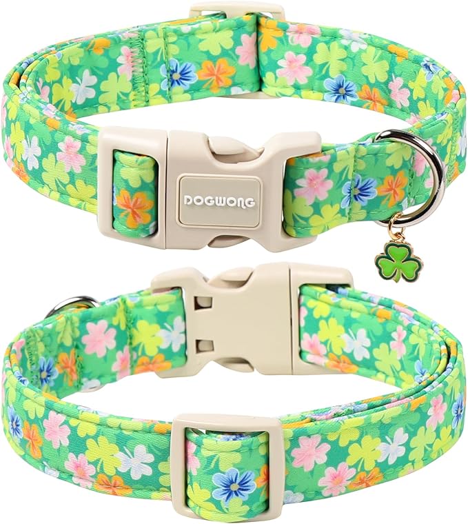 DOGWONG St. Patrick Dog Collar, Comfortable Adjustable Green Clover Pattern Dog Collar for Large Male Female Dogs,L