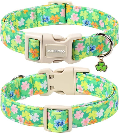 DOGWONG St. Patrick Dog Collar, Comfortable Adjustable Green Clover Pattern Dog Collar for Large Male Female Dogs,XL