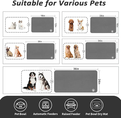 Dog Food Mat - Absorbent Cat Mat for Food and Water, No Stains Pet Feeding Bowl Mat, Easy to Clean Pet Placemats, Quick Dry Dog Water Dispenser Mat for Messy Drinkers | Paw Dark Grey 18"x 28"